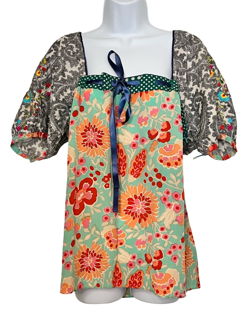 Floral Square-Neck Puff Sleeve Top - Aqua Multicolor
